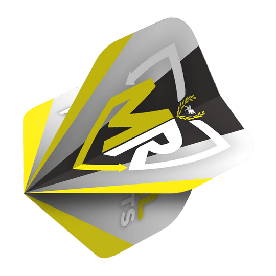 Das Bild zeigt ein Dart-Flight mit dem Rasto Logo in gelb, schwarz, weiß und grau. Es handelt sich um das Produkt "Bulls Powerflite Rasto Logo No2 Standard Flights".