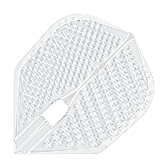 Das Bild zeigt ein durchsichtiges Dartflight mit einer dimpled (genoppten) Oberfläche. Es handelt sich um das Produkt "L-Style Flights Dimple Champagne L3PRO Shape".