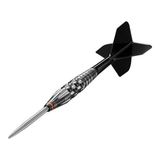 Target Japan Black Marque Dancing Duck GEN 4 Soft Darts - 17g Das Bild zeigt einen stilvollen Softdart mit schwarzem Flight und silbernem Barrel. Es handelt sich um das Produkt "Target Japan Black Marque Dancing Duck GEN 4 Softdarts - 17g".
