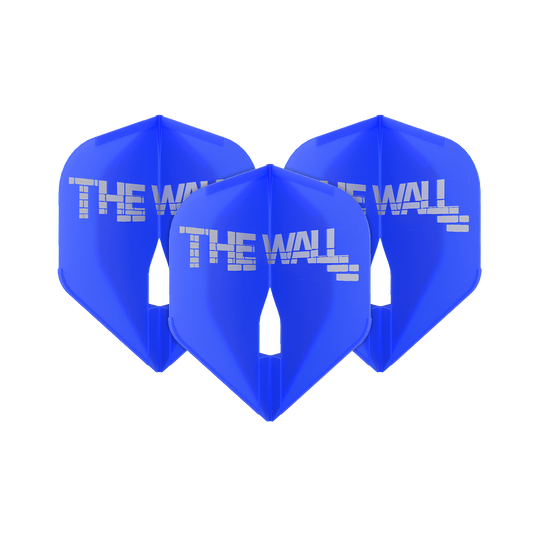 Das Bild zeigt drei blaue Dartflights mit der Aufschrift "THE WALL". Es handelt sich um das Produkt 'L-Style Martin Schindler Blau L1PRO Flights'.