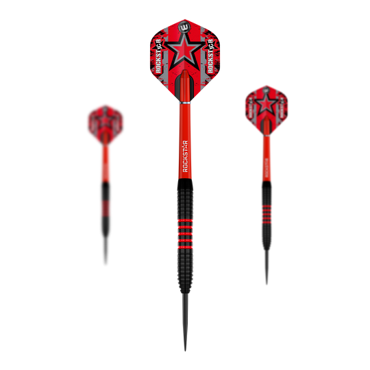 Winmau Joe Cullen Brass Steeldarts - 20g Das Bild zeigt drei Winmau Joe Cullen Brass Steeldarts mit einem Gewicht von 20g. Die Darts haben rote Flights mit einem schwarzen Stern und schwarzen sowie roten Griffbereichen.
