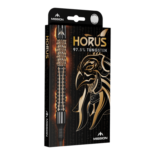 Mission Horus Softdarts - 19g Die Abbildung zeigt die Verpackung der "Mission Horus Softdarts - 19g". Auf der Vorderseite sind der Dartpfeil, der Produktname und ein goldener Horus-Kopf abgebildet.