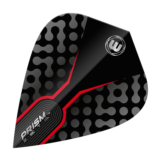 Winmau Zeta Black Red Kite Flights Das Bild zeigt ein Winmau Zeta Black Red Kite Flight für Darts. Das Flight ist schwarz mit grauen Punkten und auffälligen roten Akzenten gestaltet.