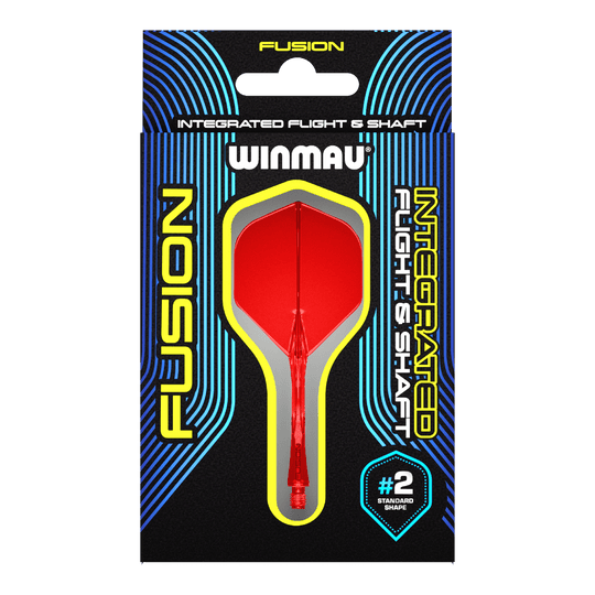 Winmau Fusion Flight Shaft System Standard Red Das Bild zeigt eine Verpackung für das Winmau Fusion Integrated Flight & Shaft System in Rot. Im Mittelpunkt ist ein integrierter Dart-Flügel mit Schaft der Größe #2 im Standard-Shape zu sehen.
