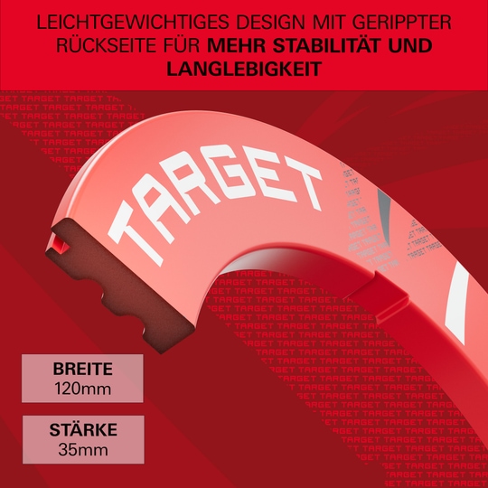 Eine rote Dartboard-Umrandung mit Muster ist auf dem Bild. Das Produkt hebt sich farblich ab.