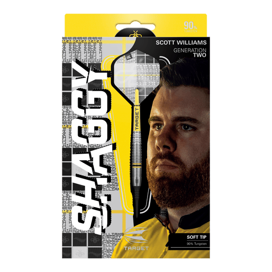 Das Bild zeigt die Verpackung der "Target Scott Williams GEN2 Softdarts - 18g". Auf der Vorderseite sind ein Dartpfeil, das Gesicht von Scott Williams und der Schriftzug "SHAGGY" prominent zu sehen.