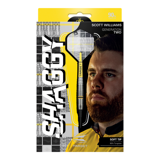 Target Scott Williams GEN2 soft darts - 18g Das Bild zeigt die Verpackung der "Target Scott Williams GEN2 Softdarts - 18g". Auf der Vorderseite sind ein Dartpfeil, das Gesicht von Scott Williams und der Schriftzug "SHAGGY" prominent zu sehen.