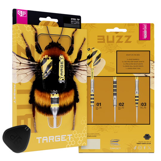 Target Buzz 01 Swiss Points steel darts Hier sieht man Target Buzz 01 Swiss Points Steeldarts. Die Darts zeichnen sich durch ihr spezielles Swiss Points System aus.