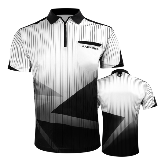 Harrows Shard Dartshirt - Weiß Das Bild zeigt das Harrows Shard Dartshirt in Weiß mit schwarzen Linien und geometrischen Mustern. Auf der Vorderseite befindet sich eine Brusttasche mit dem Schriftzug "Harrows".