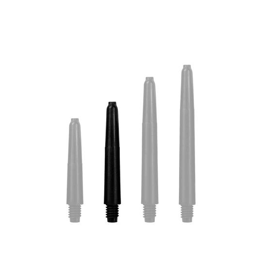 Das Bild zeigt vier schwarze Nylon Shafts in unterschiedlichen Längen. Sie sind gerade und verfügen am unteren Ende über ein Schraubgewinde.