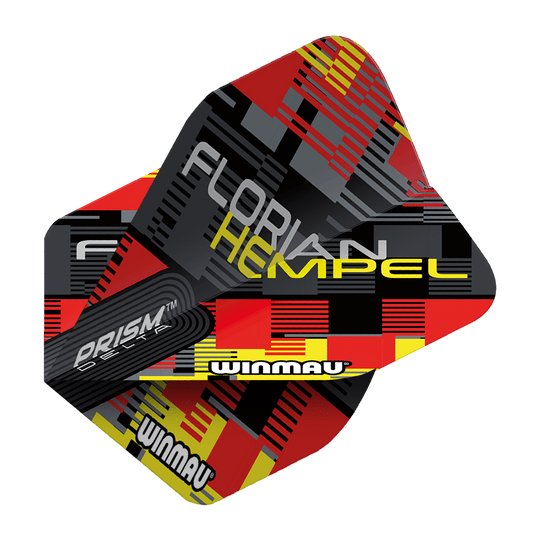 6915-259_Winmau_Prism_Delta_Florian_Hempel_Metallic_Standard_Flights_2 Das Bild zeigt die Winmau Prism Delta Florian Hempel Metallic Standard Flights. Die Flights haben ein auffälliges Design in Schwarz, Rot und Gelb mit dem Namen „Florian Hempel“ darauf.