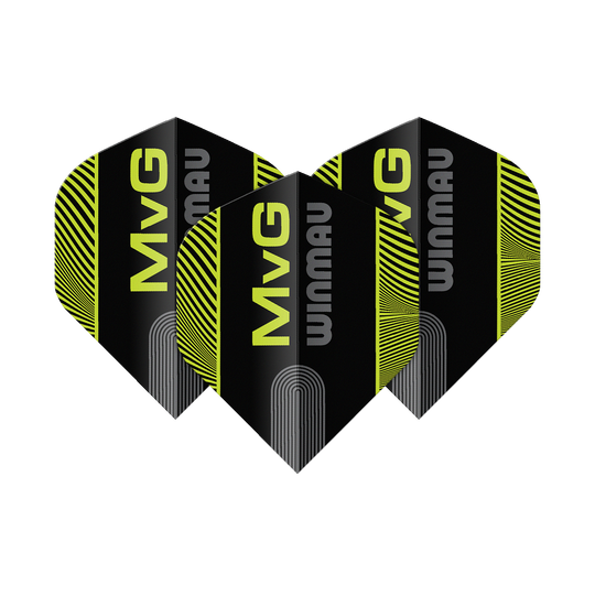 Das Bild zeigt die Winmau Prism Delta MvG Black Green Text No2 Standard Flights. Es handelt sich um Dart-Flights in Schwarz und Grün mit Text-Design.