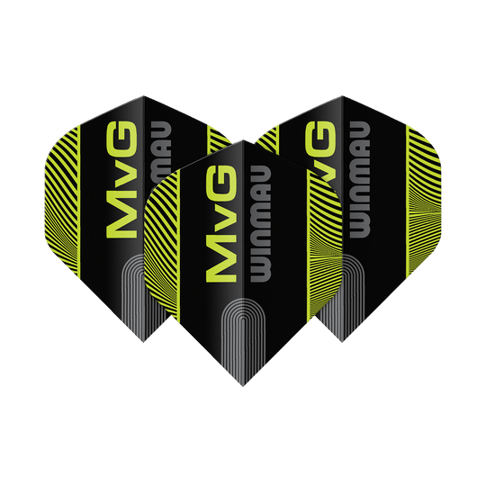 Winmau Prism Delta MvG Black Green Text No2 Standard Flights Das Bild zeigt die Winmau Prism Delta MvG Black Green Text No2 Standard Flights. Es handelt sich um Dart-Flights in Schwarz und Grün mit Text-Design.