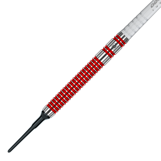 2429_Winmau_Overdrive_Softdarts_2eKsy1EcGzclNx Das Bild zeigt einen Winmau Overdrive Softdart mit einem Gewicht von 20 Gramm. Der Dart hat ein silbernes Barrel mit roten Ringen und einer schwarzen Kunststoffspitze.