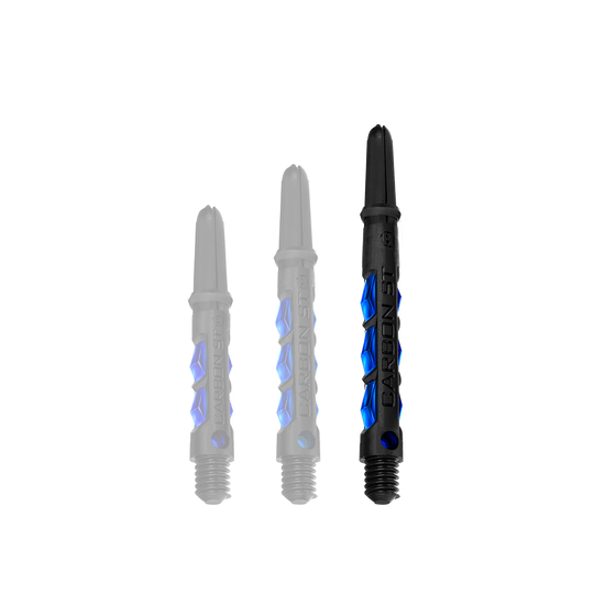 Das Bild zeigt drei schwarze Dartschäfte mit blauen Akzenten der Marke "Harrows Carbon ST Shafts - Blau". Sie sind in unterschiedlichen Längen angeordnet.