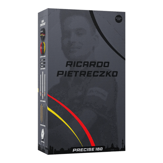 Precise 180 Ricardo Pietreczko GEN1 Steeldarts zeigen das Design dieser hochwertigen Dartpfeile. Diese Darts sind ideal für Wettkampfspieler.