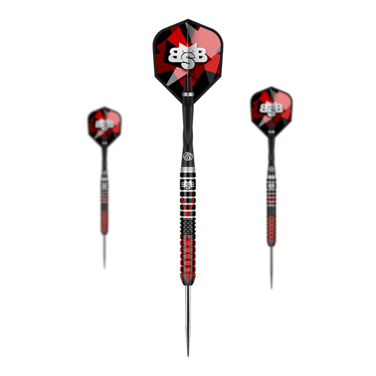 Shot Michael Smith Defiant Steeldarts Auf dem Bild sind drei Steeldarts des Modells "Shot Michael Smith Defiant" zu sehen. Die Darts haben ein auffälliges schwarzes und rotes Design mit silbernen Spitzen.