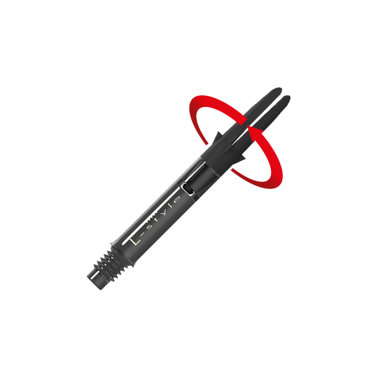 Auf dem Bild ist ein schwarzer Dartshaft aus Carbon der Marke L-Style zu sehen. Am oberen Ende ist eine rote Pfeilmarkierung, die eine Drehbewegung anzeigt.