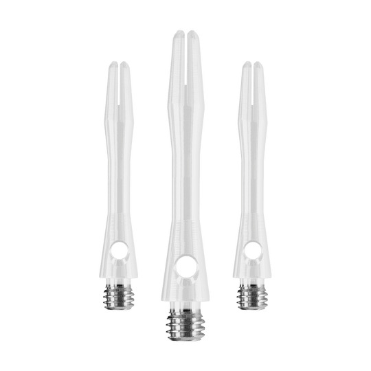 HR372_Harrows_Keramic_Shafts_Weiss_35mm_1 Das Bild zeigt drei weiße Harrows Keramic Shafts für Darts. Sie haben einen glänzenden Metallgewinde am unteren Ende.