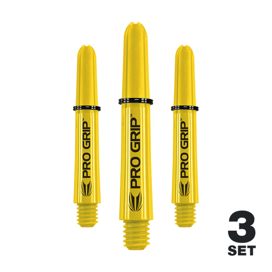 Auf dem Bild sind drei gelbe Dartschäfte mit der Aufschrift "PRO GRIP" zu sehen. In der rechten unteren Ecke steht "3 SET".