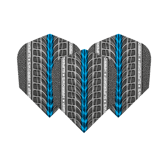 Das Bild zeigt drei Harrows Supergrip Blau No6 Flights für Dartpfeile. Das Design ist grau mit blauen und schwarzen Akzenten sowie dem Schriftzug "Harrows Supergrip".