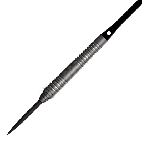 Auf dem Bild ist ein Steeldart mit einem silbernen, geriffelten Griff und einer schwarzen Spitze zu sehen. Es handelt sich um das Produkt "Bulls NL Dirk Van Duijvenbode 80 Steeldarts".