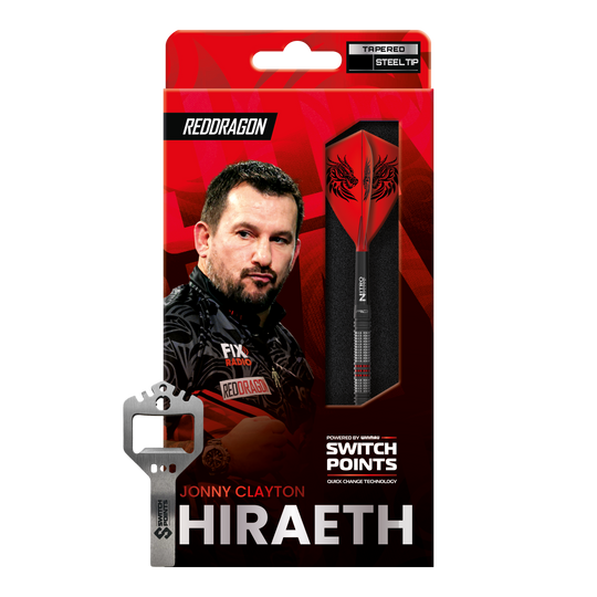 Red Dragon Jonny Clayton Hireath Switch Point Steeldarts sind abgebildet. Die Darts zeichnen sich durch ihr elegantes Design und hochwertige Verarbeitung aus.