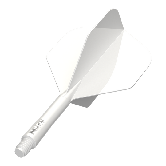 Das Bild zeigt das Produkt Red Dragon Nitro Flite Solid White and White Intermediate. Ein weißer Dart-Schaft mit weißen Flights ist zu sehen.