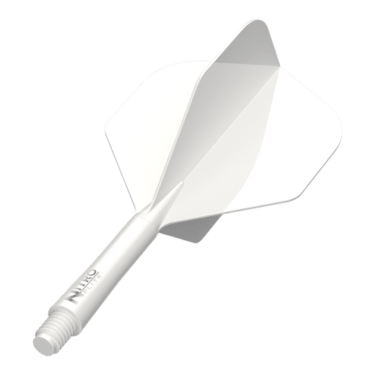 Red Dragon Nitroflite White Shaft White Flights No2 Das Bild zeigt das Produkt Red Dragon Nitro Flite Solid White and White Intermediate. Ein weißer Dart-Schaft mit weißen Flights ist zu sehen.