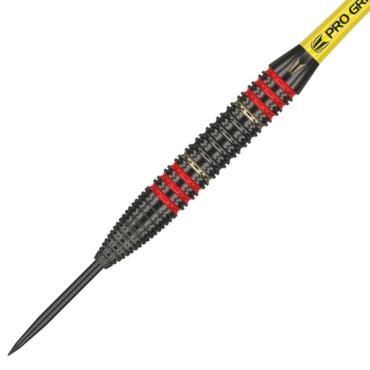 170007_Target_Dimitri_Van_Den_Bergh_Brass_Steeldarts_2 Das Bild zeigt einen Target Dimitri Van Den Bergh Brass Steeldart mit einem Gewicht von 22 Gramm. Der Dart hat schwarze und rote Ringe sowie eine strukturierte Griffzone.
