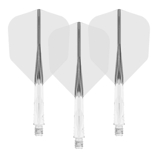Mission Force 90 No6 Flight Shaft System - Clear Auf dem Bild sind drei klare Dart-Flights mit passenden transparenten Schäften zu sehen. Sie sind nebeneinander angeordnet und zeigen eine einheitliche, schlichte Optik.