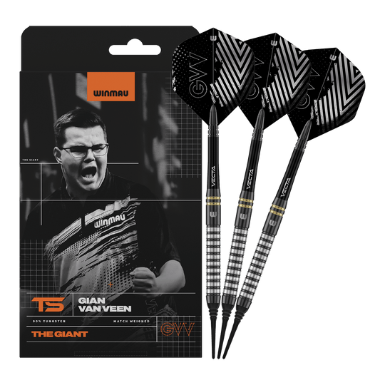 Winmau Gian Van Veen TS soft darts - 18g Winmau Gian Van Veen TS Softdarts mit 18g werden komplett dargestellt. Alle drei Darts sind zusammen zu sehen.
