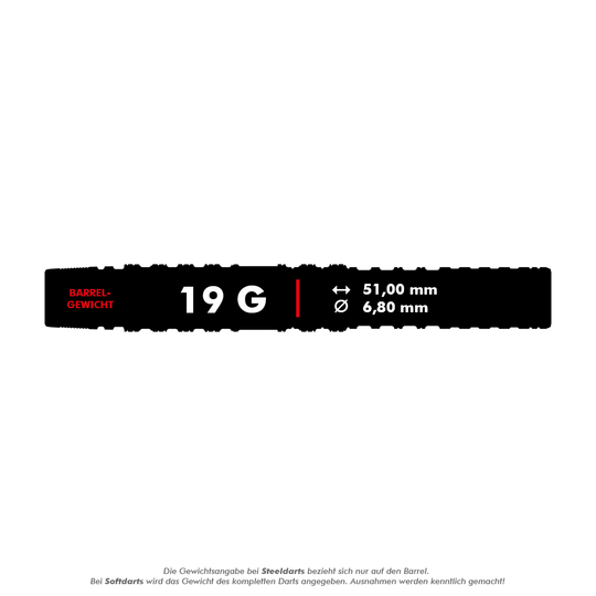 Target Japan Yuta Hayashi Sirius GEN3 Soft Darts - 19g Das Bild zeigt die technischen Daten für die Target Japan Yuta Hayashi Sirius GEN3 Softdarts - 19g. Das Barrel wiegt 19 Gramm, ist 51,00 mm lang und hat einen Durchmesser von 6,80 mm.