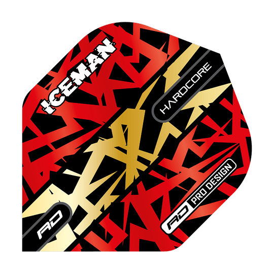 Das Bild zeigt ein Dartflight mit dem Namen "Red Dragon Hardcore Gerwyn Price Red Gold Premium Standard Flights". Das Design ist in Rot, Gold und Schwarz gehalten und enthält die Wörter "ICEMAN", "HARDCORE" und "PRO DESIGN".