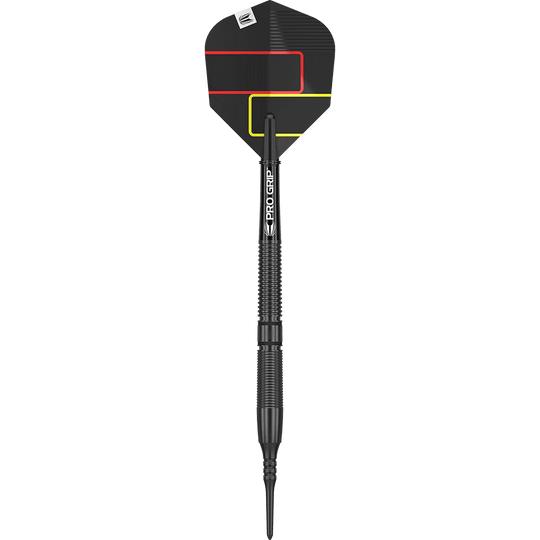 210322_Target_Gabriel_Clemens_Black_Edition_Softdarts_1cRpg80ngytQSY Der Target Gabriel Clemens Black Edition Softdart – 19g ist ein eleganter, schwarzer Softdartpfeil mit farbigen Linien auf dem Flight. Der Schaft trägt die Aufschrift "Pro Grip" und das Dart-Design wirkt modern und professionell.