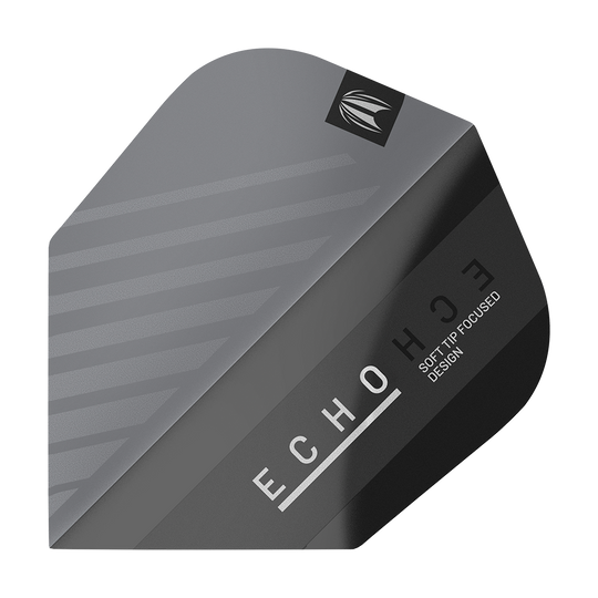 TG481_335410_Target_ProUltra_Echo_No6_Flights_1 Das Bild zeigt das Produkt „Target ProUltra Echo No6 Flights“. Die Dart-Flights sind in dunklen Grautönen gehalten und tragen den Schriftzug „ECHO“ sowie „SOFT TIP FOCUSED DESIGN“.