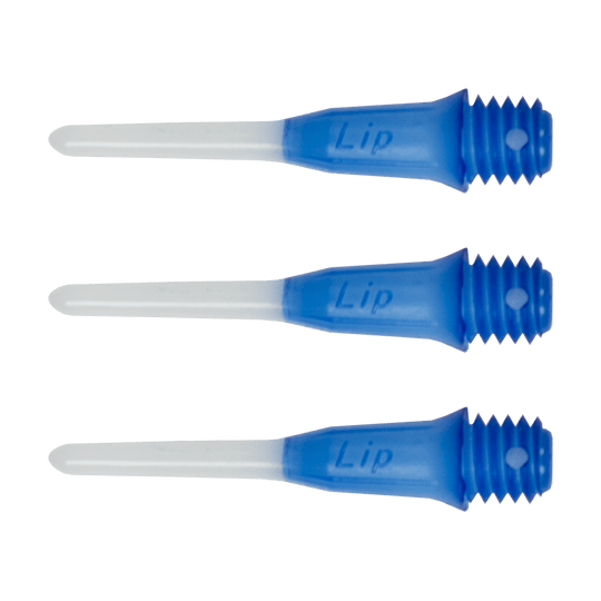 Das Bild zeigt drei blaue und weiße Dartspitzen der Marke "L-Style Two Tone Short Lippoints". Sie sind speziell für Softdarts konzipiert und tragen den Schriftzug "Lip".