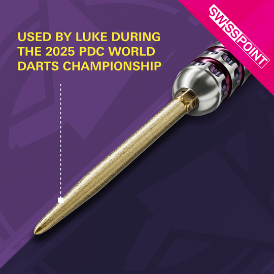 Target Swiss Point SLK dart tips - gold Auf dem Bild ist die goldene Target Swiss Point SLK Dartspitze zu sehen. Im Text wird hervorgehoben, dass sie von Luke während der PDC Darts-Weltmeisterschaft 2025 benutzt wurde.