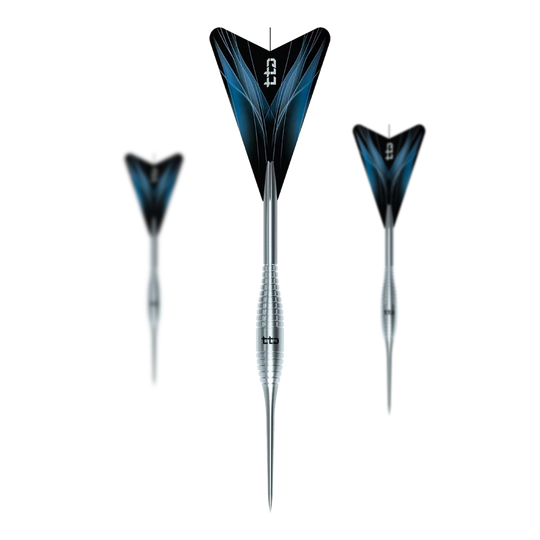 Caliburn TTD Complete Titanium T2 Silver Steeldarts - 6g Das Bild zeigt die Caliburn TTD Complete Titanium T2 Silver Steeldarts - 6g als Set. Es handelt sich um hochwertige Steeldarts aus Titan mit einem Gewicht von 6 Gramm.