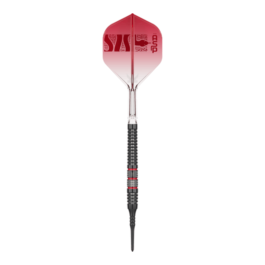 Gezeigt wird der Target Nathan Aspinall 95K Softdarts - 18g. Der Dartpfeil ist sorgfältig verarbeitet und liegt gut in der Hand.