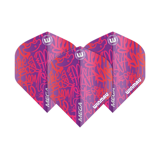 6900-242_Winmau_Mega_Red_Standard_Flights_1oVXq1sjGdsTcj Das Bild zeigt drei Winmau Mega Red Standard Flights für Darts. Sie sind überwiegend rot und lila mit auffälligen grafischen Mustern und dem Winmau-Logo.