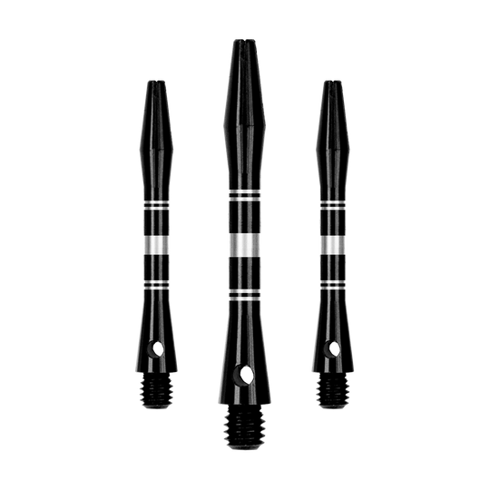 Ringed Aluminum Shafts - Black Silver Dieses Bild zeigt ein Set von Aluminium Shafts in Schwarz und Silber. Mehrere Komponenten des Sets sind sichtbar dargestellt.