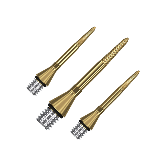 380166_Target_Titanium_Swiss_Point_Nano_Conversion_Points_Gold_26mm_1 Das Bild zeigt drei goldene Target Swiss Point Nano Conversion Points. Diese Dartspitzen sind metallisch glänzend und haben ein schlankes, geriffeltes Design.