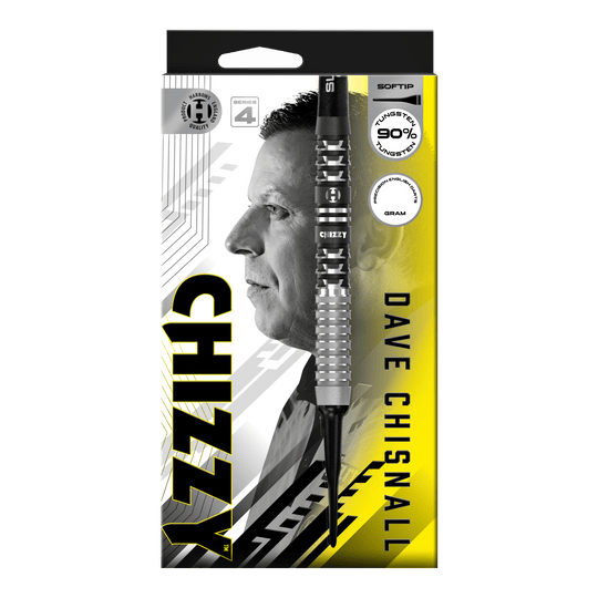 Das Bild zeigt die Harrows Dave Chisnall Chizzy Series 4 Softdarts. Diese Softdarts wurden für Präzisionswürfe entwickelt.