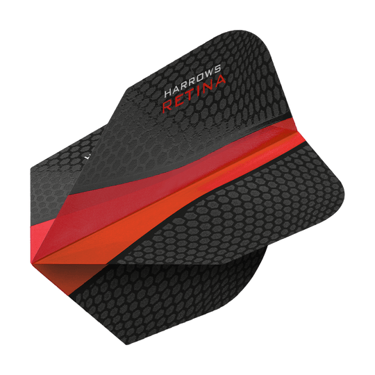 HR64_Harrows_Retina_Rot_No2_Standard_Flights_2 Das Bild zeigt das Produkt "Harrows Retina Rot No6 Flights". Die Darts-Flights sind schwarz mit einem roten Streifen und einem wabenartigen Muster gestaltet.