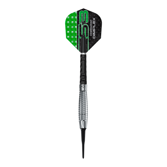 Harrows Dimplex S3 Bomb soft darts Das Bild zeigt einen Harrows Dimplex S3 Bomb Softdart. Der Dart hat eine schwarze und grüne Flight sowie einen silbernen, geriffelten Barrel.