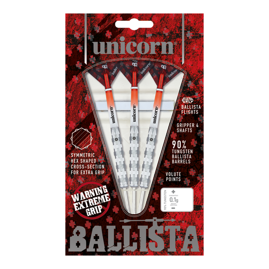 Unicorn Ballista Style 1 steel darts Das Bild zeigt die "Unicorn Ballista Style 1 Steeldarts" in ihrer Verpackung. Die Darts haben einen extremen Grip und bestehen zu 90% aus Tungsten.