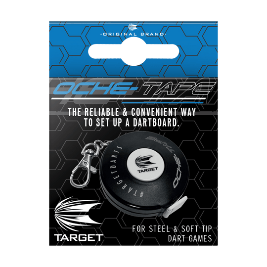 128810_Target_Oche-Tape_Abstandsmesser_Massband_2 Das Bild zeigt das Produkt "Target Oche-Tape Abstandsmesser" in seiner Verpackung. Es wird als zuverlässiges und praktisches Werkzeug zur Einrichtung eines Dartboards beschrieben.