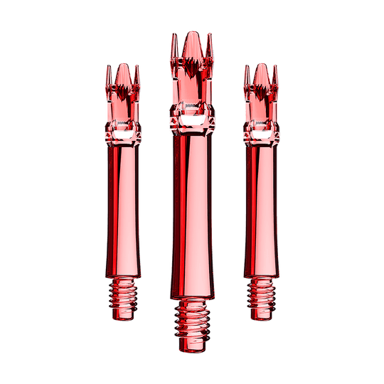 Ein Set von roten transparenten Ersatzshafts ist hier zu sehen. Die Shafts sind nebeneinander gelegt.