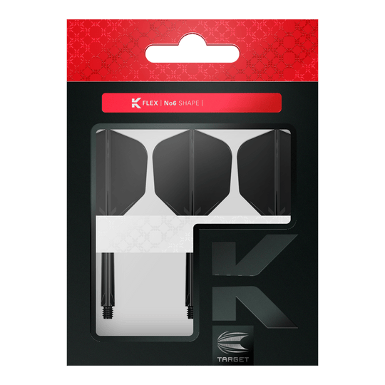 Dieses Bild zeigt eine Packung mit schwarzen Dart-Flights und Schäften von der Marke Target. Die Verpackung ist überwiegend schwarz mit einem roten Abschnitt oben und trägt die Aufschrift "K Flex No6 Shape".